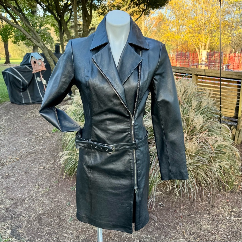 Vintage 1990’s Newport News Black Leather Asymmetrical Zip Moto Dress - Picture 2 of 14